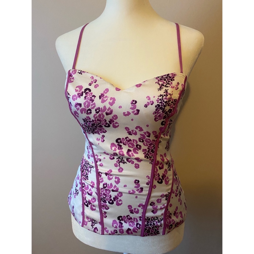 Bebe white purple leopard floral corset top